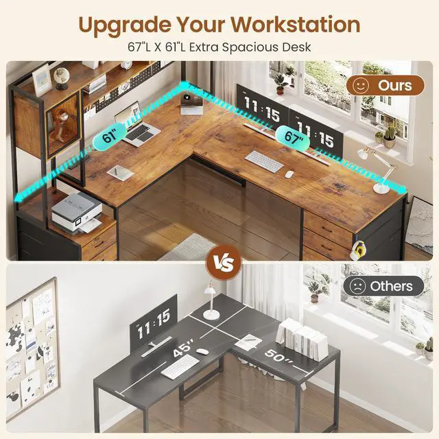 Alt view image 6 of 6 - L Shaped Gaming Desk with 6 Drawers, Reversible Computer Office Desk with File Drawer, Hutch, Storage Shelves, Gaming Corner Desk with Led Lights, Power Outlet for Two Person, Rustic Brown