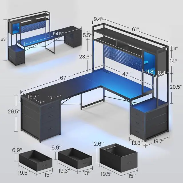Alt view image 2 of 6 - L Shaped Gaming Desk with Drawers, Reversible Computer Corner Desk with File Drawer, Hutch, Storage Shelves for Home Office, Gaming Two Person Desk with Led Lights, Power Outlet, Black