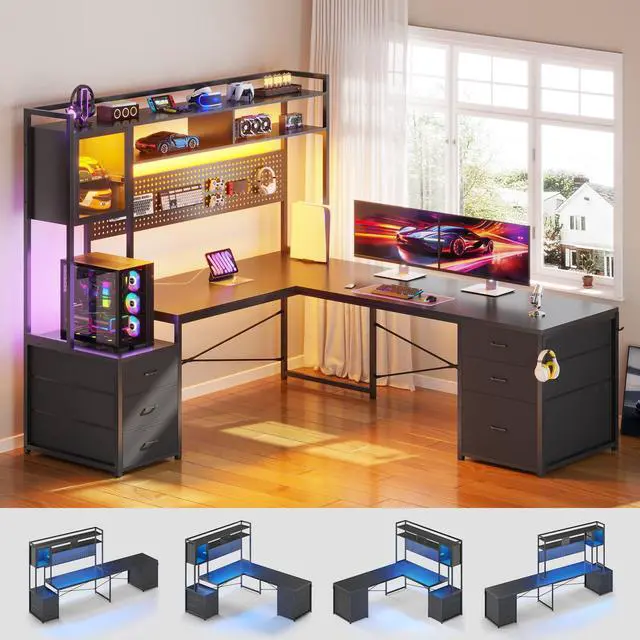 Alt view image 3 of 6 - L Shaped Gaming Desk with Drawers, Reversible Computer Corner Desk with File Drawer, Hutch, Storage Shelves for Home Office, Gaming Two Person Desk with Led Lights, Power Outlet, Black