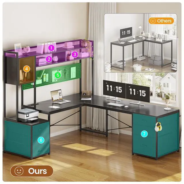 Alt view image 4 of 6 - L Shaped Gaming Desk with Drawers, Reversible Computer Corner Desk with File Drawer, Hutch, Storage Shelves for Home Office, Gaming Two Person Desk with Led Lights, Power Outlet, Black