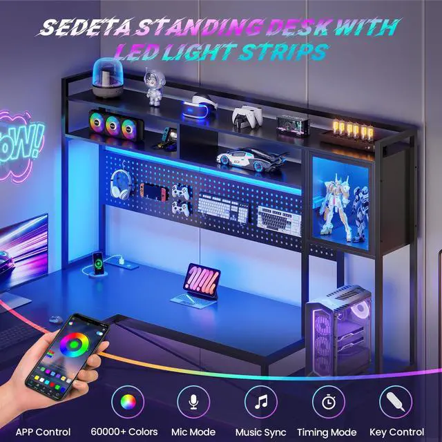 Alt view image 5 of 6 - L Shaped Gaming Desk with Drawers, Reversible Computer Corner Desk with File Drawer, Hutch, Storage Shelves for Home Office, Gaming Two Person Desk with Led Lights, Power Outlet, Black