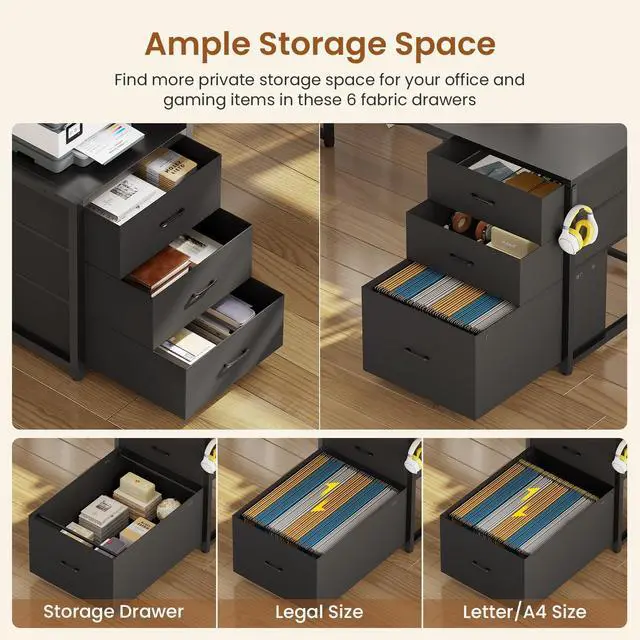 Alt view image 6 of 6 - L Shaped Gaming Desk with Drawers, Reversible Computer Corner Desk with File Drawer, Hutch, Storage Shelves for Home Office, Gaming Two Person Desk with Led Lights, Power Outlet, Black