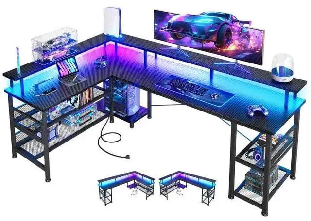 Main image of 66" L Shaped Gaming Desk with Power Outlet and LED Lights, PC Gaming Table with Carbon Fiber Texture, Reversible L Shape Desk with Storage Shelves & Monitor Stand, Home Office Desk, Black