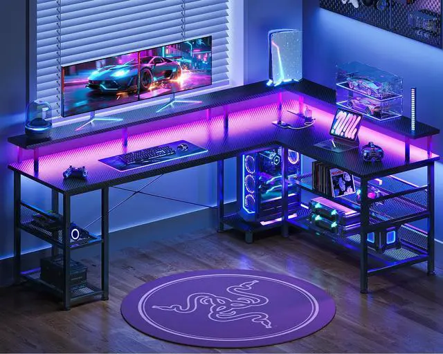 Alt view image 2 of 6 - 66" L Shaped Gaming Desk with Power Outlet and LED Lights, PC Gaming Table with Carbon Fiber Texture, Reversible L Shape Desk with Storage Shelves & Monitor Stand, Home Office Desk, Black