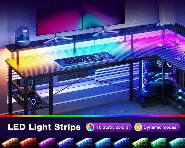 Alt view image 5 of 6 - 66" L Shaped Gaming Desk with Power Outlet and LED Lights, PC Gaming Table with Carbon Fiber Texture, Reversible L Shape Desk with Storage Shelves & Monitor Stand, Home Office Desk, Black