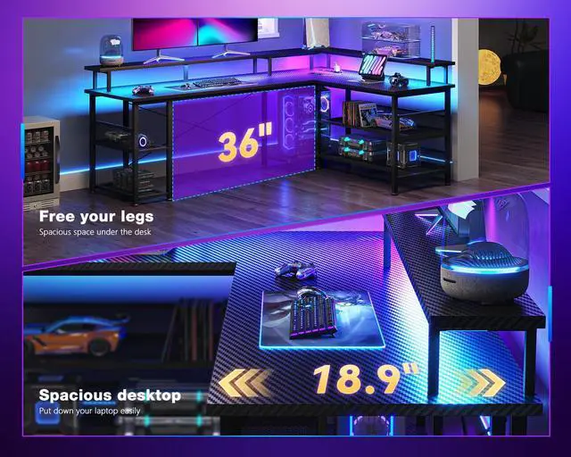 Alt view image 6 of 6 - 66" L Shaped Gaming Desk with Power Outlet and LED Lights, PC Gaming Table with Carbon Fiber Texture, Reversible L Shape Desk with Storage Shelves & Monitor Stand, Home Office Desk, Black