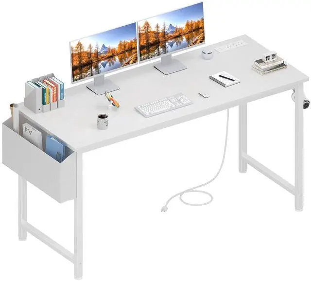 Main image of White Computer Desk with Power Outlet, 55 inch Teen Study Table Home Office Work Writing Gaming Desks with Charging Station Outlets Built in, White