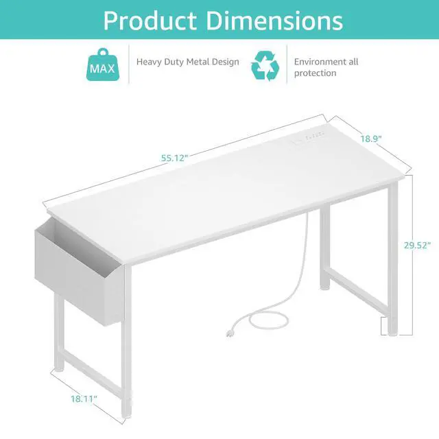 Alt view image 2 of 6 - White Computer Desk with Power Outlet, 55 inch Teen Study Table Home Office Work Writing Gaming Desks with Charging Station Outlets Built in, White