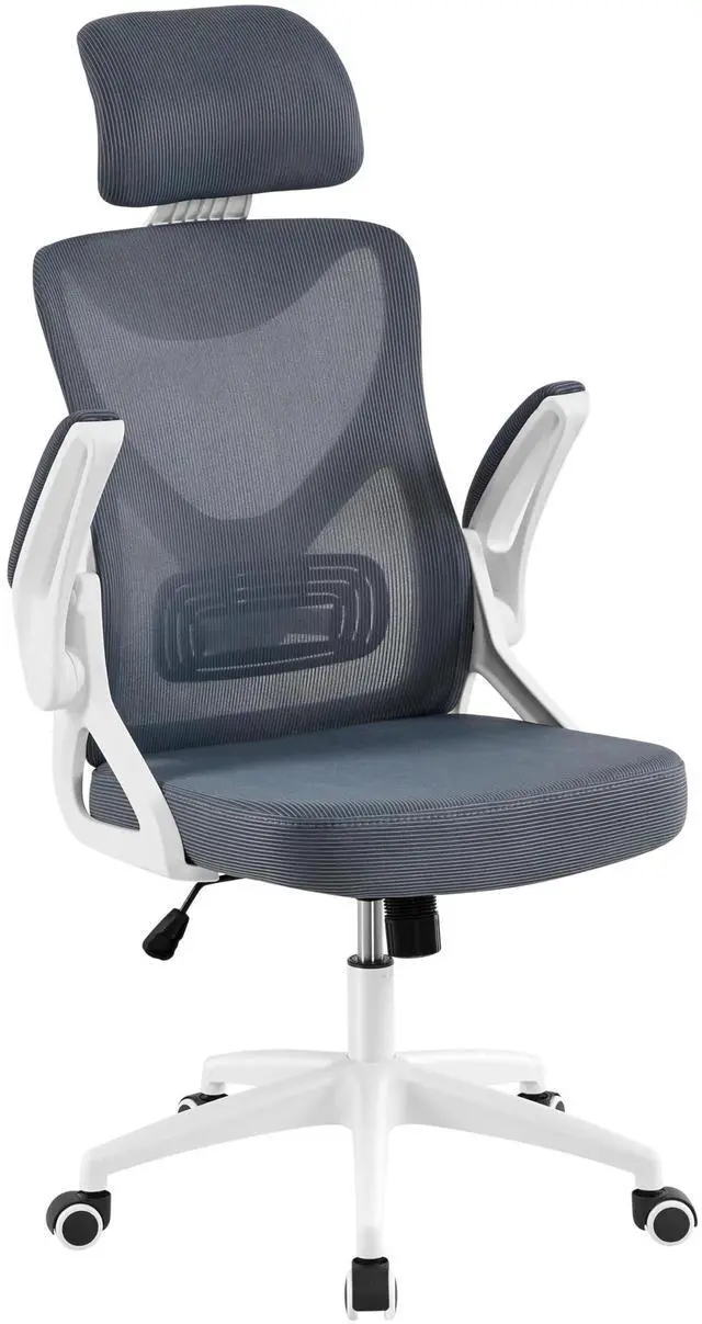 Main image of Ergonomic Office Chair with Headrest, Lumbar Support, White/Gray | Breathable mesh high-back adjustable headrest, padded seat, and flip-up armrests supports your back and neck, holds 300lb