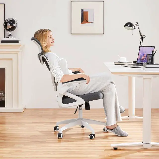 Alt view image 2 of 6 - Ergonomic Office Chair with Headrest, Lumbar Support, White/Gray | Breathable mesh high-back adjustable headrest, padded seat, and flip-up armrests supports your back and neck, holds 300lb