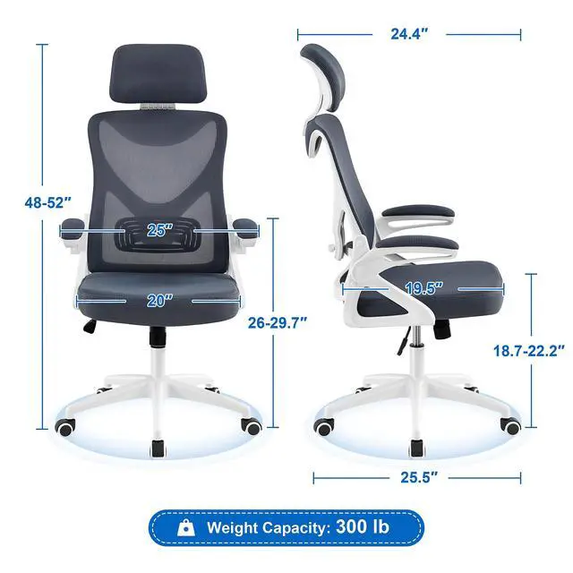 Alt view image 3 of 6 - Ergonomic Office Chair with Headrest, Lumbar Support, White/Gray | Breathable mesh high-back adjustable headrest, padded seat, and flip-up armrests supports your back and neck, holds 300lb