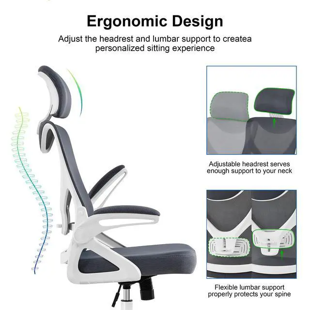 Alt view image 4 of 6 - Ergonomic Office Chair with Headrest, Lumbar Support, White/Gray | Breathable mesh high-back adjustable headrest, padded seat, and flip-up armrests supports your back and neck, holds 300lb
