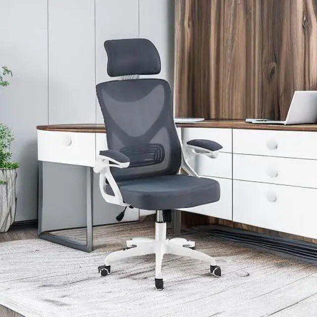 Alt view image 5 of 6 - Ergonomic Office Chair with Headrest, Lumbar Support, White/Gray | Breathable mesh high-back adjustable headrest, padded seat, and flip-up armrests supports your back and neck, holds 300lb
