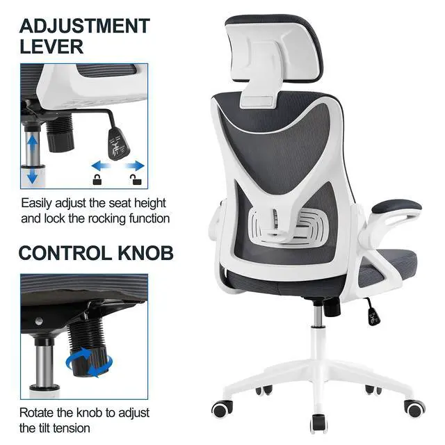 Alt view image 6 of 6 - Ergonomic Office Chair with Headrest, Lumbar Support, White/Gray | Breathable mesh high-back adjustable headrest, padded seat, and flip-up armrests supports your back and neck, holds 300lb