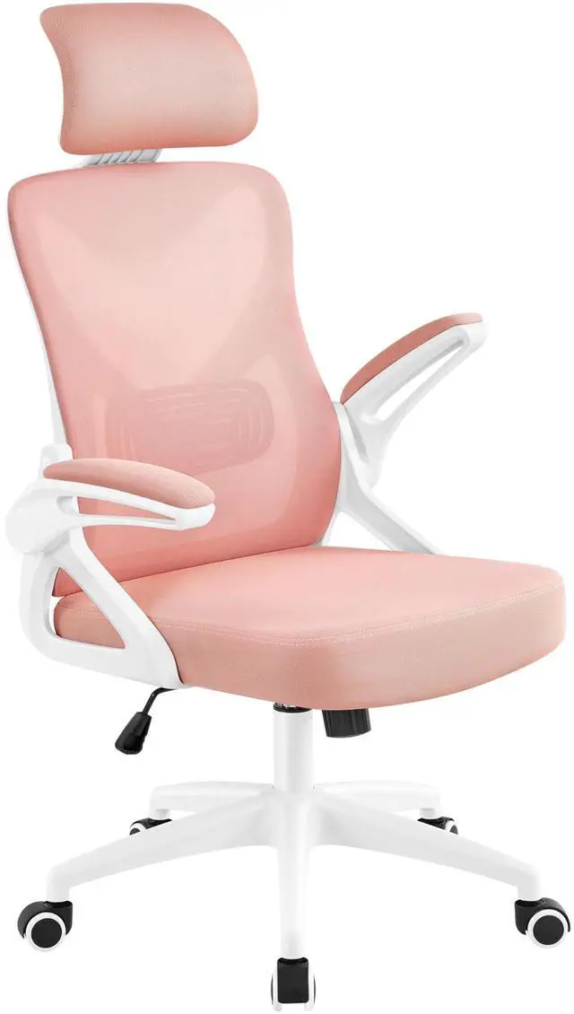 Main image of Ergonomic Office Chair with Headrest, Lumbar Support, White/Pink | Breathable mesh high-back adjustable headrest, padded seat, and flip-up armrests supports your back and neck, holds 300lb