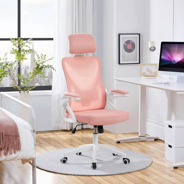 Alt view image 2 of 6 - Ergonomic Office Chair with Headrest, Lumbar Support, White/Pink | Breathable mesh high-back adjustable headrest, padded seat, and flip-up armrests supports your back and neck, holds 300lb