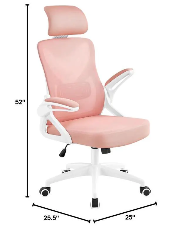 Alt view image 3 of 6 - Ergonomic Office Chair with Headrest, Lumbar Support, White/Pink | Breathable mesh high-back adjustable headrest, padded seat, and flip-up armrests supports your back and neck, holds 300lb