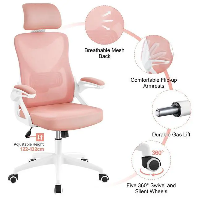 Alt view image 4 of 6 - Ergonomic Office Chair with Headrest, Lumbar Support, White/Pink | Breathable mesh high-back adjustable headrest, padded seat, and flip-up armrests supports your back and neck, holds 300lb