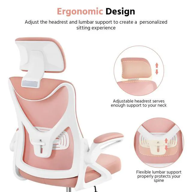 Alt view image 5 of 6 - Ergonomic Office Chair with Headrest, Lumbar Support, White/Pink | Breathable mesh high-back adjustable headrest, padded seat, and flip-up armrests supports your back and neck, holds 300lb