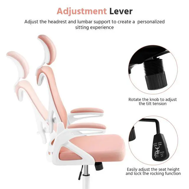 Alt view image 6 of 6 - Ergonomic Office Chair with Headrest, Lumbar Support, White/Pink | Breathable mesh high-back adjustable headrest, padded seat, and flip-up armrests supports your back and neck, holds 300lb