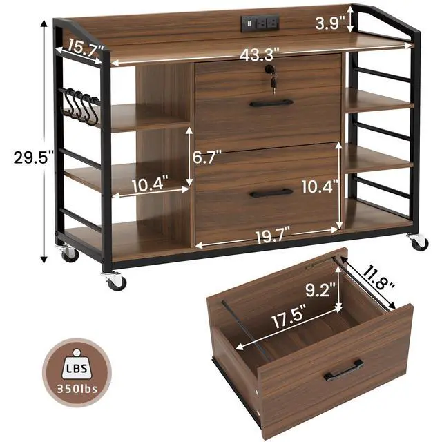 Alt view image 2 of 6 - 44" File Cabinet, Filing Cabinet fits Legal/Letter Size, 2 Drawer File Cabinets for Home Office with Lock, Power Strip, 6 Storage Shelves, Walnut Brown