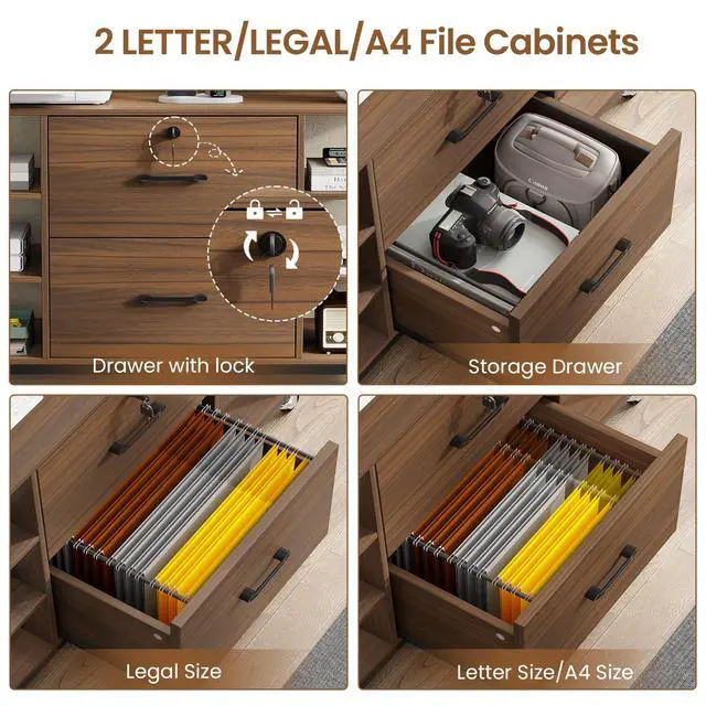 Alt view image 4 of 6 - 44" File Cabinet, Filing Cabinet fits Legal/Letter Size, 2 Drawer File Cabinets for Home Office with Lock, Power Strip, 6 Storage Shelves, Walnut Brown