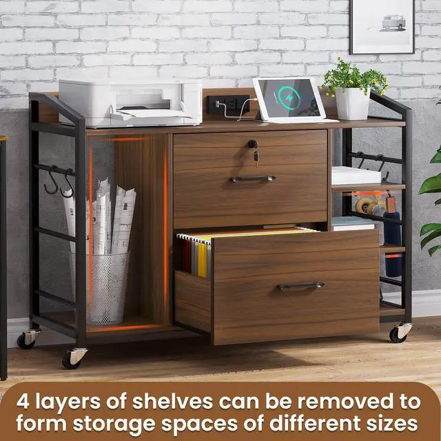Alt view image 6 of 6 - 44" File Cabinet, Filing Cabinet fits Legal/Letter Size, 2 Drawer File Cabinets for Home Office with Lock, Power Strip, 6 Storage Shelves, Walnut Brown