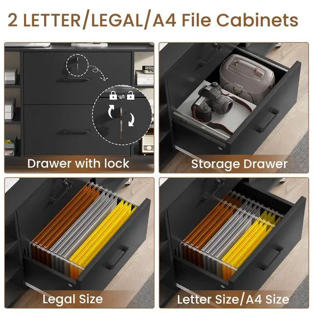 Alt view image 3 of 6 - 44" File Cabinet, Filing Cabinets fits Legal, Letter, A4 Size, 2 Drawer Office File Cabinet for Home Office with Lock, Power Strip, 6 Adjustable Shelves & 4 Hooks, Black