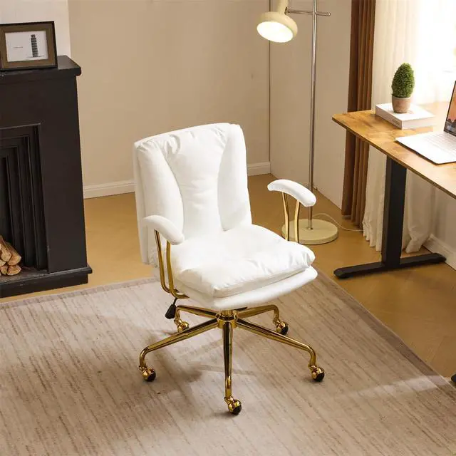 Main image of Home Office Desk Chair Comfy with Wheels & Removable Armrests,Gold Base Vanity Chair with Back, Adjustable Rolling Swivel Computer Task Chair for Study,Makeup,Office,Bedroom,PU Leather,White
