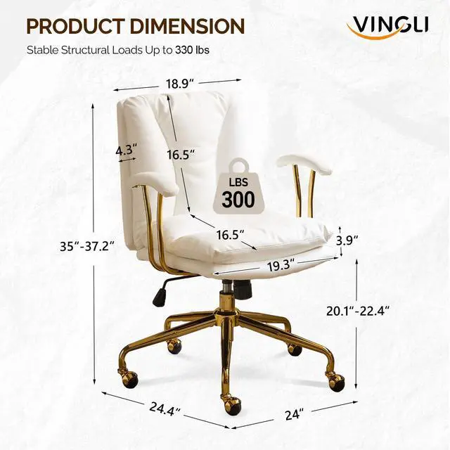 Alt view image 2 of 6 - Home Office Desk Chair Comfy with Wheels & Removable Armrests,Gold Base Vanity Chair with Back, Adjustable Rolling Swivel Computer Task Chair for Study,Makeup,Office,Bedroom,PU Leather,White