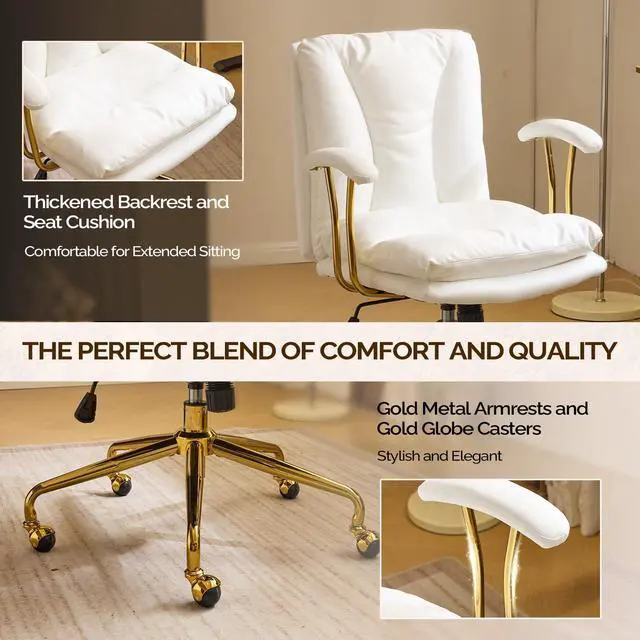 Alt view image 3 of 6 - Home Office Desk Chair Comfy with Wheels & Removable Armrests,Gold Base Vanity Chair with Back, Adjustable Rolling Swivel Computer Task Chair for Study,Makeup,Office,Bedroom,PU Leather,White