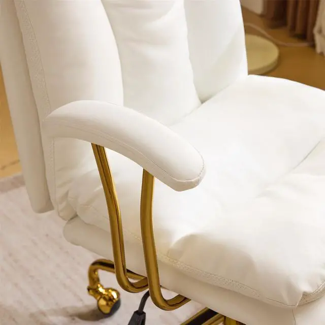 Alt view image 4 of 6 - Home Office Desk Chair Comfy with Wheels & Removable Armrests,Gold Base Vanity Chair with Back, Adjustable Rolling Swivel Computer Task Chair for Study,Makeup,Office,Bedroom,PU Leather,White