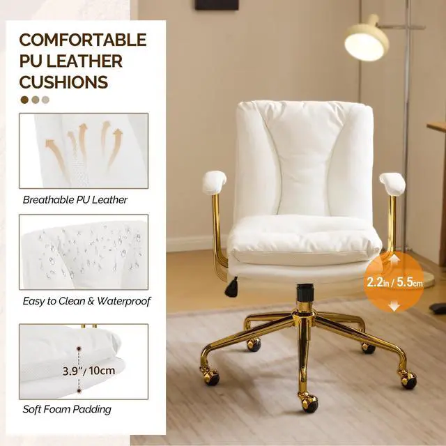 Alt view image 5 of 6 - Home Office Desk Chair Comfy with Wheels & Removable Armrests,Gold Base Vanity Chair with Back, Adjustable Rolling Swivel Computer Task Chair for Study,Makeup,Office,Bedroom,PU Leather,White