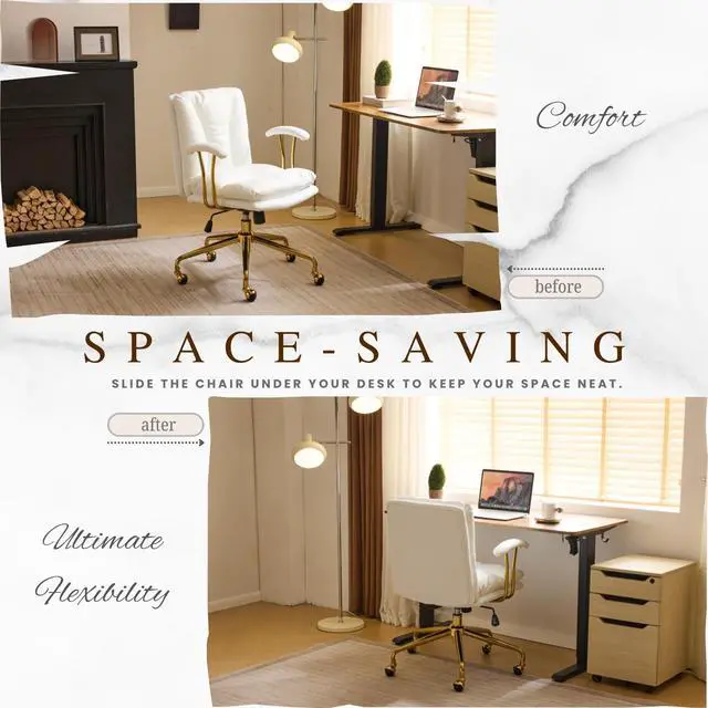 Alt view image 6 of 6 - Home Office Desk Chair Comfy with Wheels & Removable Armrests,Gold Base Vanity Chair with Back, Adjustable Rolling Swivel Computer Task Chair for Study,Makeup,Office,Bedroom,PU Leather,White