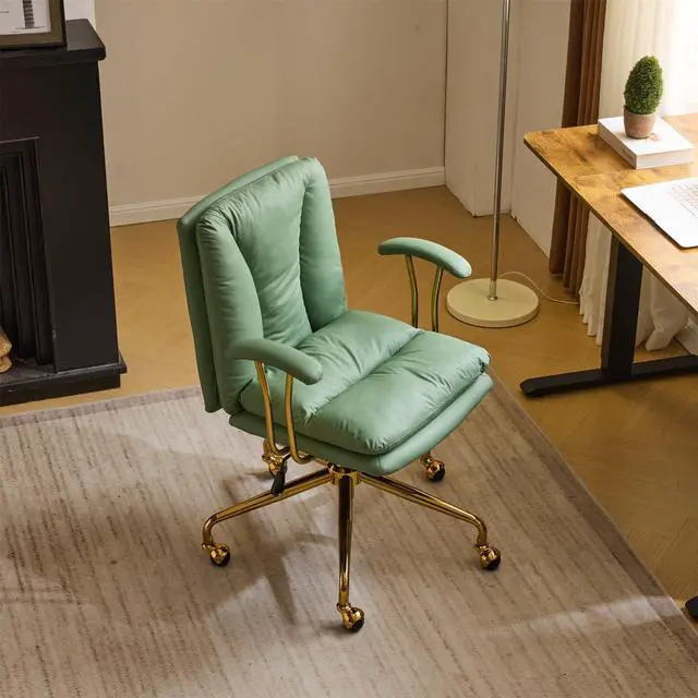 Main image of Home Office Desk Chair Comfy with Wheels & Removable Armrests,Gold Base Vanity Chair with Back,Adjustable Rolling Swivel Computer Task Chair for Study,Makeup,Office,Cat Scratch PU,Green