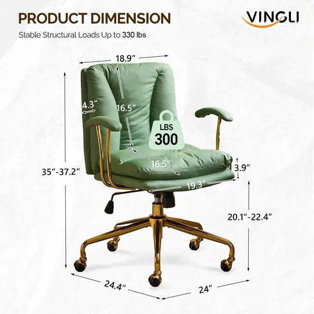 Alt view image 2 of 6 - Home Office Desk Chair Comfy with Wheels & Removable Armrests,Gold Base Vanity Chair with Back,Adjustable Rolling Swivel Computer Task Chair for Study,Makeup,Office,Cat Scratch PU,Green