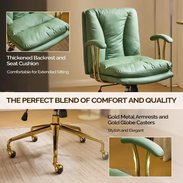 Alt view image 3 of 6 - Home Office Desk Chair Comfy with Wheels & Removable Armrests,Gold Base Vanity Chair with Back,Adjustable Rolling Swivel Computer Task Chair for Study,Makeup,Office,Cat Scratch PU,Green