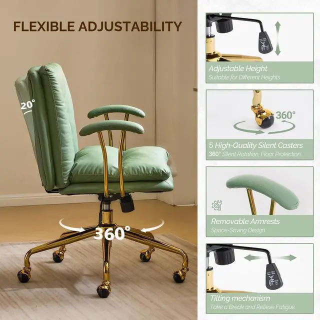 Alt view image 4 of 6 - Home Office Desk Chair Comfy with Wheels & Removable Armrests,Gold Base Vanity Chair with Back,Adjustable Rolling Swivel Computer Task Chair for Study,Makeup,Office,Cat Scratch PU,Green