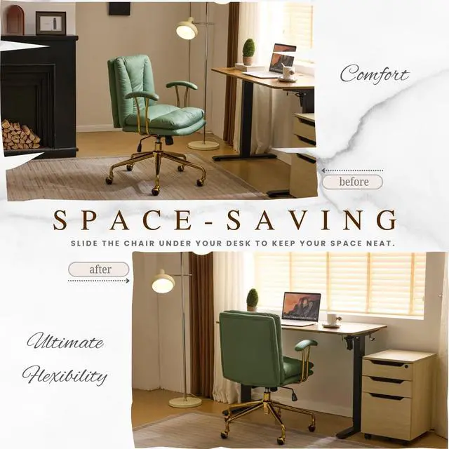 Alt view image 5 of 6 - Home Office Desk Chair Comfy with Wheels & Removable Armrests,Gold Base Vanity Chair with Back,Adjustable Rolling Swivel Computer Task Chair for Study,Makeup,Office,Cat Scratch PU,Green
