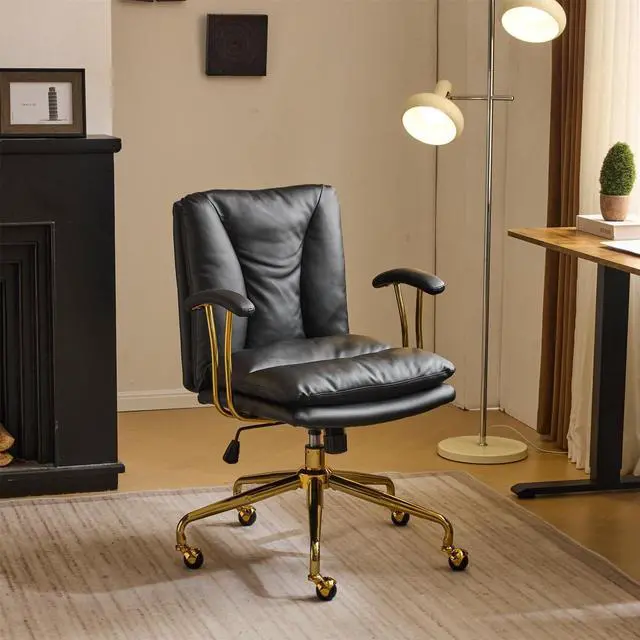 Main image of Home Office Desk Chair Comfy with Wheels & Removable Armrests,Gold Base Vanity Chair with Back, Adjustable Rolling Swivel Computer Task Chair for Study,Makeup,Office,Bedroom,PU Leather,Black