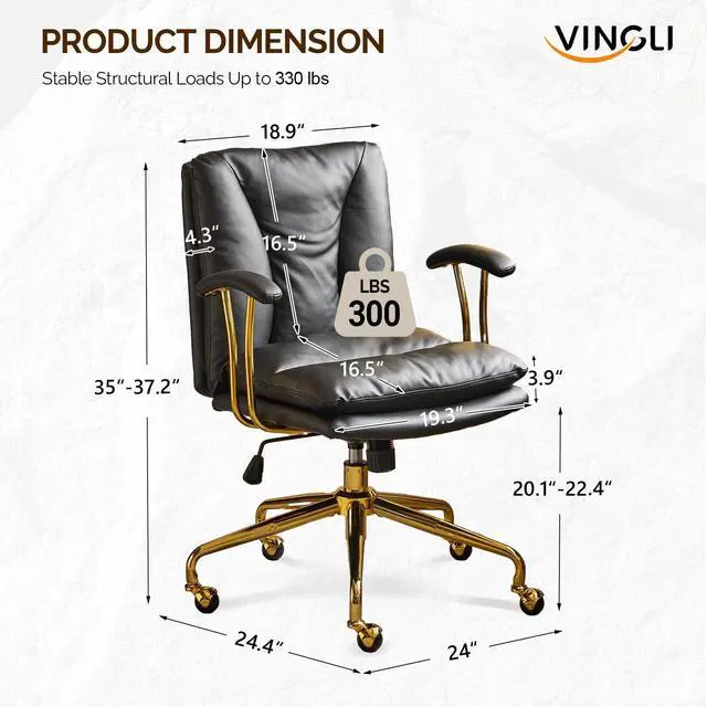 Alt view image 2 of 6 - Home Office Desk Chair Comfy with Wheels & Removable Armrests,Gold Base Vanity Chair with Back, Adjustable Rolling Swivel Computer Task Chair for Study,Makeup,Office,Bedroom,PU Leather,Black