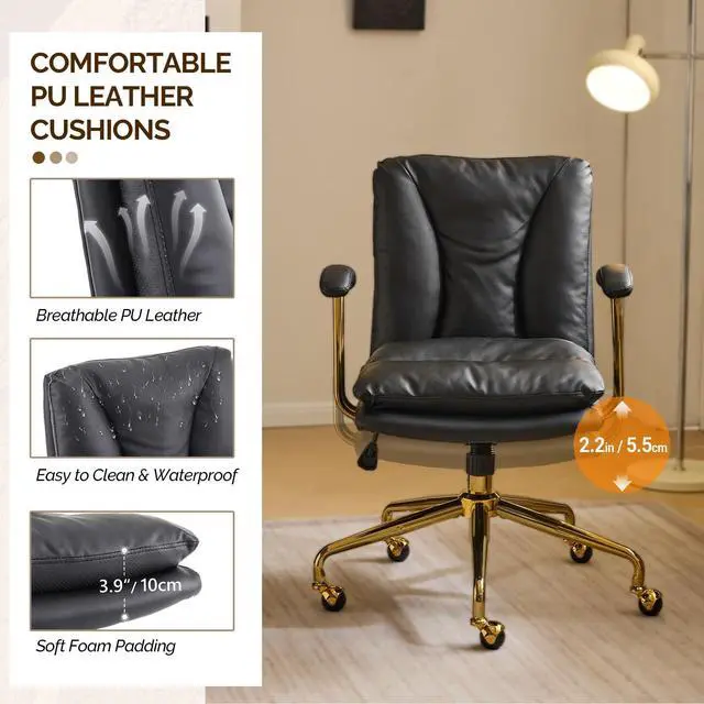 Alt view image 3 of 6 - Home Office Desk Chair Comfy with Wheels & Removable Armrests,Gold Base Vanity Chair with Back, Adjustable Rolling Swivel Computer Task Chair for Study,Makeup,Office,Bedroom,PU Leather,Black