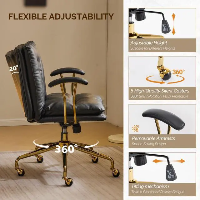 Alt view image 4 of 6 - Home Office Desk Chair Comfy with Wheels & Removable Armrests,Gold Base Vanity Chair with Back, Adjustable Rolling Swivel Computer Task Chair for Study,Makeup,Office,Bedroom,PU Leather,Black
