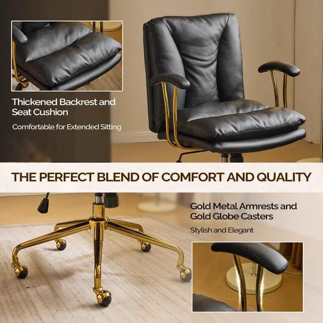 Alt view image 5 of 6 - Home Office Desk Chair Comfy with Wheels & Removable Armrests,Gold Base Vanity Chair with Back, Adjustable Rolling Swivel Computer Task Chair for Study,Makeup,Office,Bedroom,PU Leather,Black