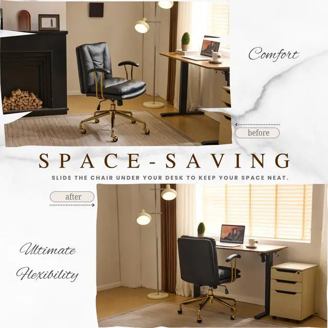 Alt view image 6 of 6 - Home Office Desk Chair Comfy with Wheels & Removable Armrests,Gold Base Vanity Chair with Back, Adjustable Rolling Swivel Computer Task Chair for Study,Makeup,Office,Bedroom,PU Leather,Black