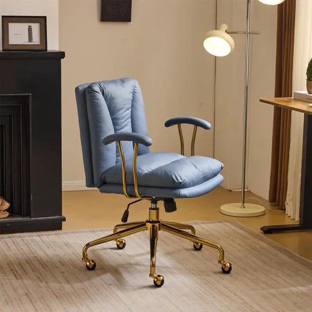 Main image of Home Office Desk Chair Comfy with Wheels & Armrests,Gold Base Vanity Chair with Back,Adjustable Rolling Swivel Computer Task Chair for Study,Home Office,Cat Scratch PU,Navy Blue
