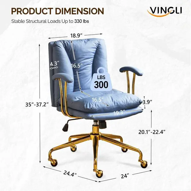 Alt view image 2 of 6 - Home Office Desk Chair Comfy with Wheels & Armrests,Gold Base Vanity Chair with Back,Adjustable Rolling Swivel Computer Task Chair for Study,Home Office,Cat Scratch PU,Navy Blue