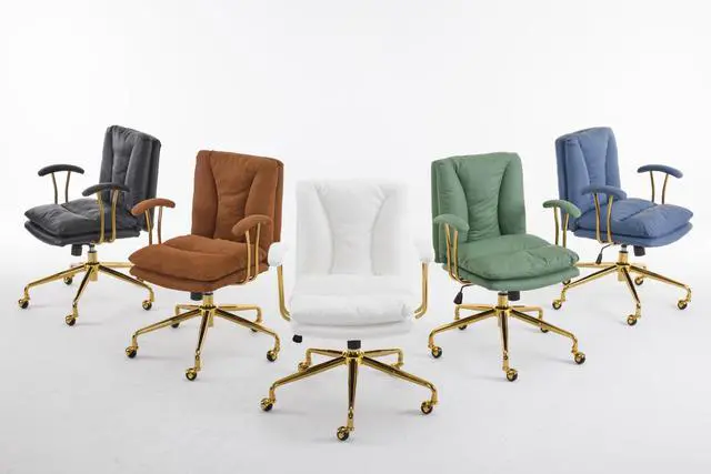 Alt view image 4 of 6 - Home Office Desk Chair Comfy with Wheels & Armrests,Gold Base Vanity Chair with Back,Adjustable Rolling Swivel Computer Task Chair for Study,Home Office,Cat Scratch PU,Navy Blue