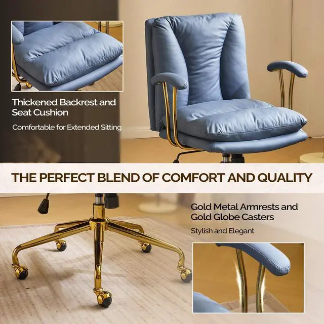 Alt view image 5 of 6 - Home Office Desk Chair Comfy with Wheels & Armrests,Gold Base Vanity Chair with Back,Adjustable Rolling Swivel Computer Task Chair for Study,Home Office,Cat Scratch PU,Navy Blue
