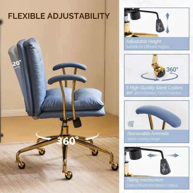 Alt view image 6 of 6 - Home Office Desk Chair Comfy with Wheels & Armrests,Gold Base Vanity Chair with Back,Adjustable Rolling Swivel Computer Task Chair for Study,Home Office,Cat Scratch PU,Navy Blue